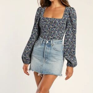Lulus Certain Charm Blue Floral Print Corduroy‎ Balloon Sleeve Crop Top Medium M